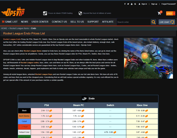 the best rocket league trading store- the price chart of hottest rocket league endo car 