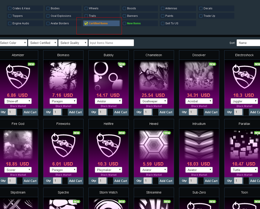cheap rocket league certified items